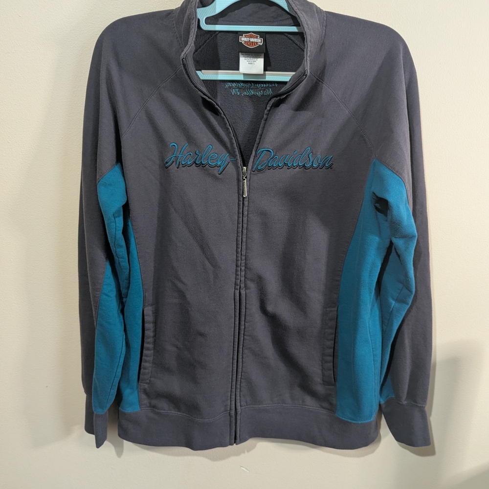 Harley-Davidson Women’s Large Gray Blue Zip Jacket Smoky Mountain TN Full Zip